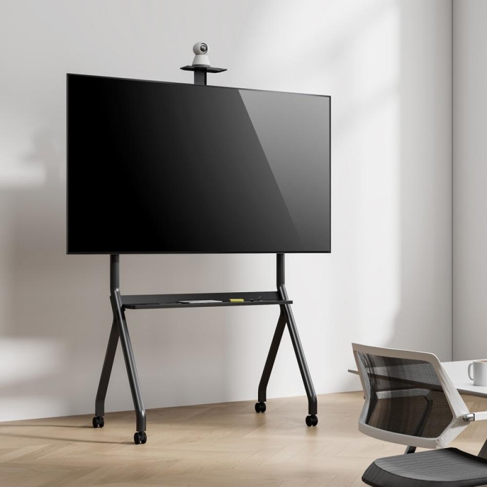 AISENS - Soporte de Suelo Pro Con Rueda, 1 Bandeja Y Soporte de Camara Para Pantalla Interactiva/TV 120kg de 55"-100", Negro