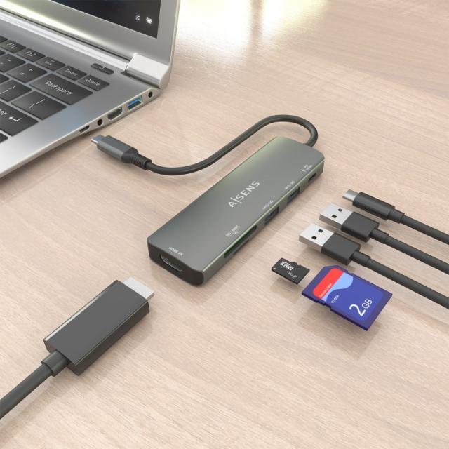 AISENS - USB-C Dock 6 en 1, USB-C A, 1x HDMI, 2x USB-A, 1x USB-C PD 100W, 1x SD, 1x MicroSD, Gris, 15cm