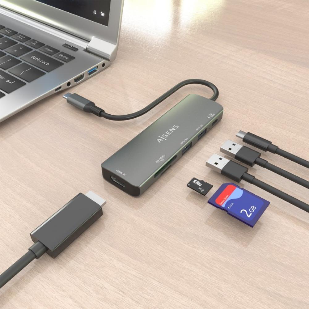 AISENS - USB-C Dock 6 en 1, USB-C A, 1x HDMI, 2x USB-A, 1x USB-C PD 100W, 1x SD, 1x MicroSD, Gris, 15cm