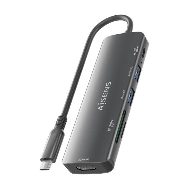 AISENS - USB-C Dock 6 en 1, USB-C A, 1x HDMI, 2x USB-A, 1x USB-C PD 100W, 1x SD, 1x MicroSD, Gris, 15cm