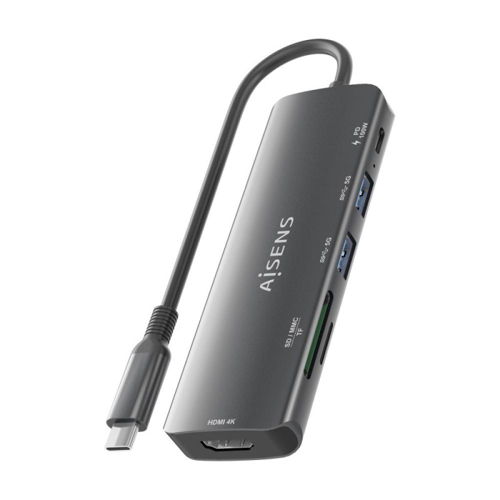 AISENS - USB-C Dock 6 en 1, USB-C A, 1x HDMI, 2x USB-A, 1x USB-C PD 100W, 1x SD, 1x MicroSD, Gris, 15cm