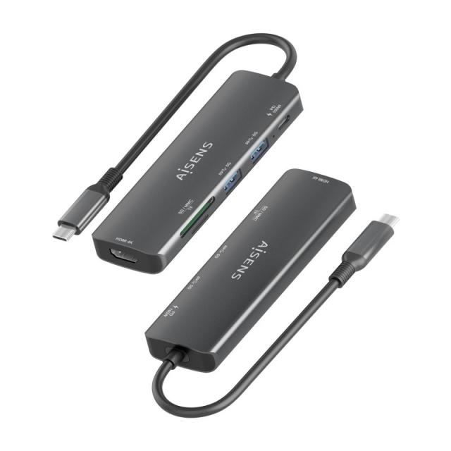 AISENS - USB-C Dock 6 en 1, USB-C A, 1x HDMI, 2x USB-A, 1x USB-C PD 100W, 1x SD, 1x MicroSD, Gris, 15cm