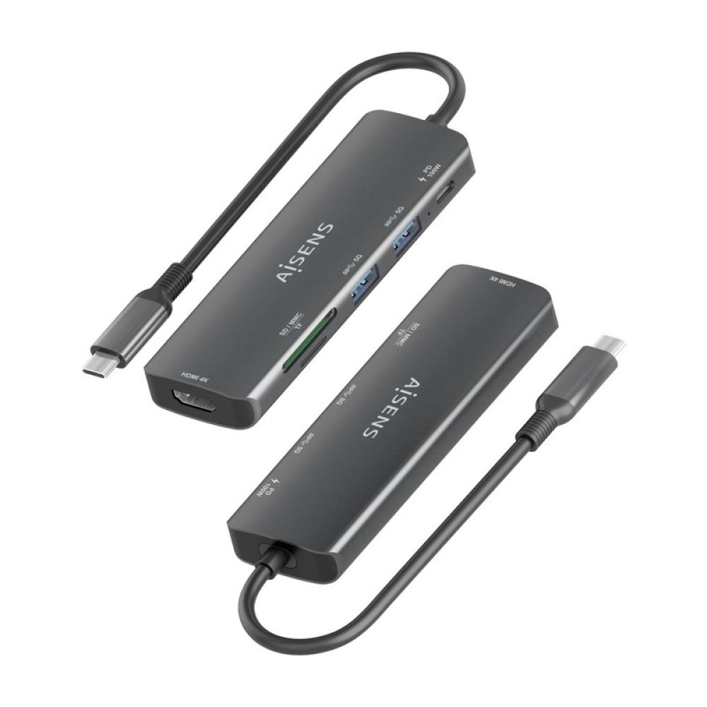 AISENS - USB-C Dock 6 en 1, USB-C A, 1x HDMI, 2x USB-A, 1x USB-C PD 100W, 1x SD, 1x MicroSD, Gris, 15cm