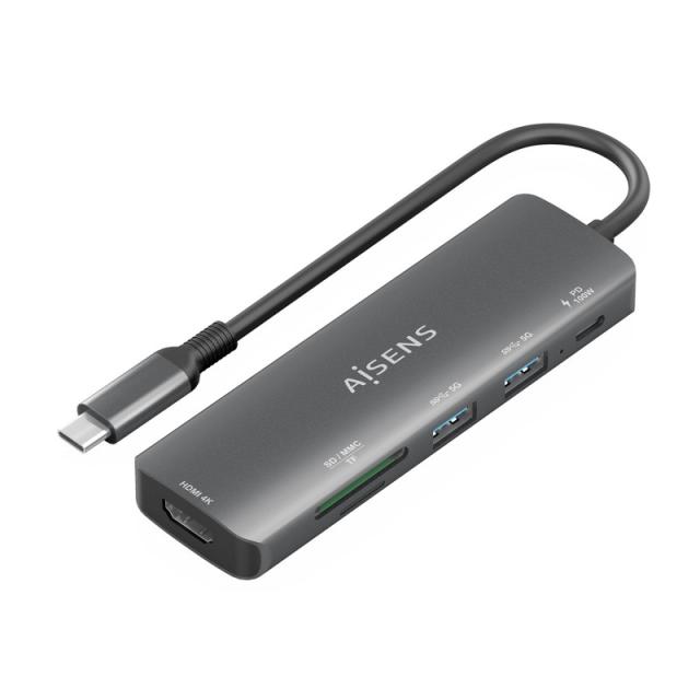 AISENS - USB-C Dock 6 en 1, USB-C A, 1x HDMI, 2x USB-A, 1x USB-C PD 100W, 1x SD, 1x MicroSD, Gris, 15cm