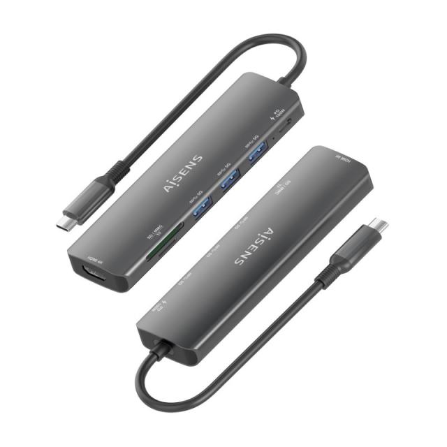 AISENS - USB-C Dock 7 en 1, USB-C A, 1x HDMI, 3x USB-A, 1x USB-C PD 100W, 1x SD, 1x MicroSD, Gris, 15cm