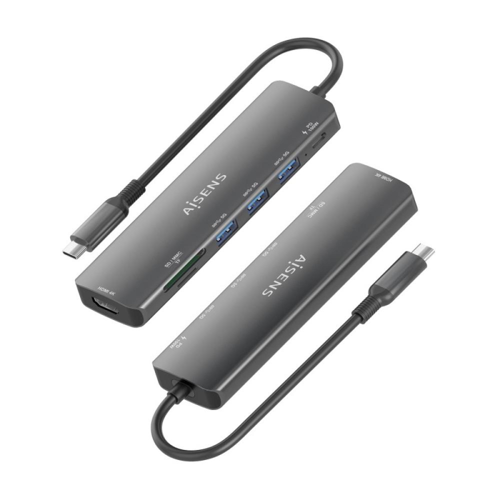 AISENS - USB-C Dock 7 en 1, USB-C A, 1x HDMI, 3x USB-A, 1x USB-C PD 100W, 1x SD, 1x MicroSD, Gris, 15cm