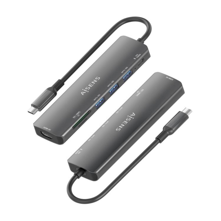 AISENS - USB-C Dock 7 en 1, USB-C A, 1x HDMI, 3x USB-A, 1x USB-C PD 100W, 1x SD, 1x MicroSD, Gris, 15cm