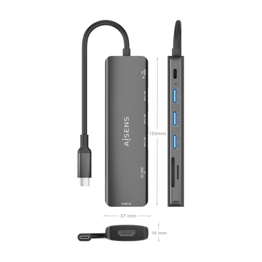 AISENS - USB-C Dock 7 en 1, USB-C A, 1x HDMI, 3x USB-A, 1x USB-C PD 100W, 1x SD, 1x MicroSD, Gris, 15cm