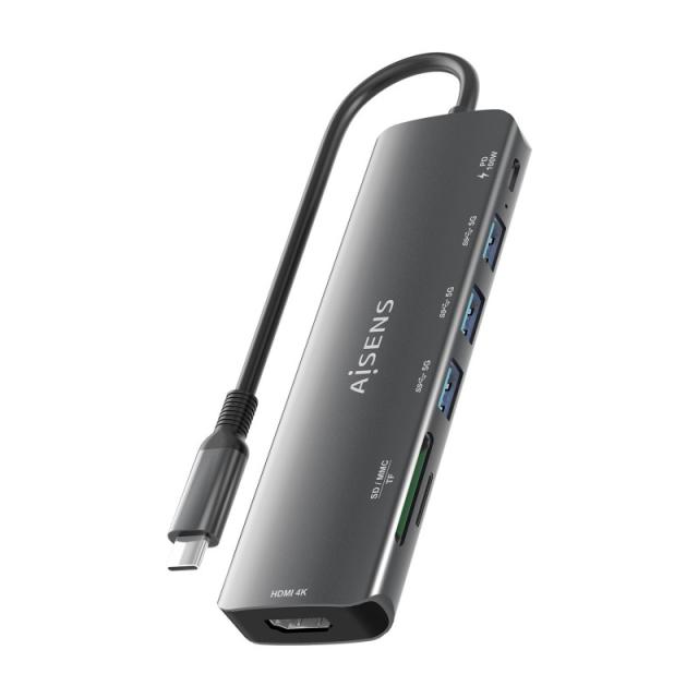 AISENS - USB-C Dock 7 en 1, USB-C A, 1x HDMI, 3x USB-A, 1x USB-C PD 100W, 1x SD, 1x MicroSD, Gris, 15cm
