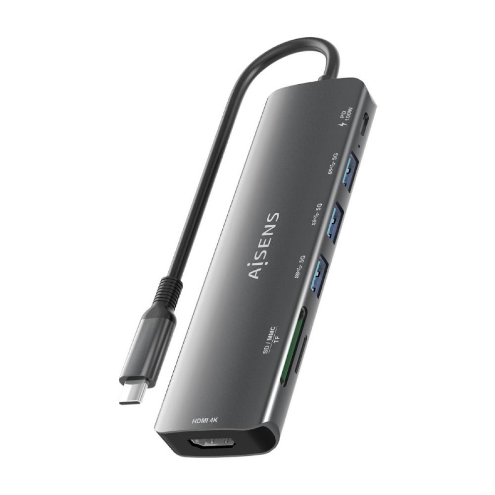 AISENS - USB-C Dock 7 en 1, USB-C A, 1x HDMI, 3x USB-A, 1x USB-C PD 100W, 1x SD, 1x MicroSD, Gris, 15cm