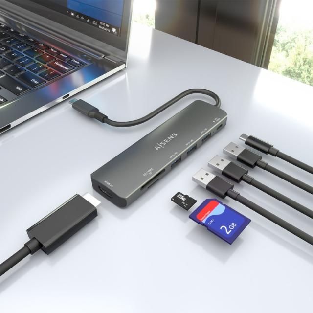 AISENS - USB-C Dock 7 en 1, USB-C A, 1x HDMI, 3x USB-A, 1x USB-C PD 100W, 1x SD, 1x MicroSD, Gris, 15cm