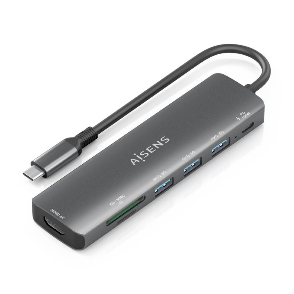 AISENS - USB-C Dock 7 en 1, USB-C A, 1x HDMI, 3x USB-A, 1x USB-C PD 100W, 1x SD, 1x MicroSD, Gris, 15cm