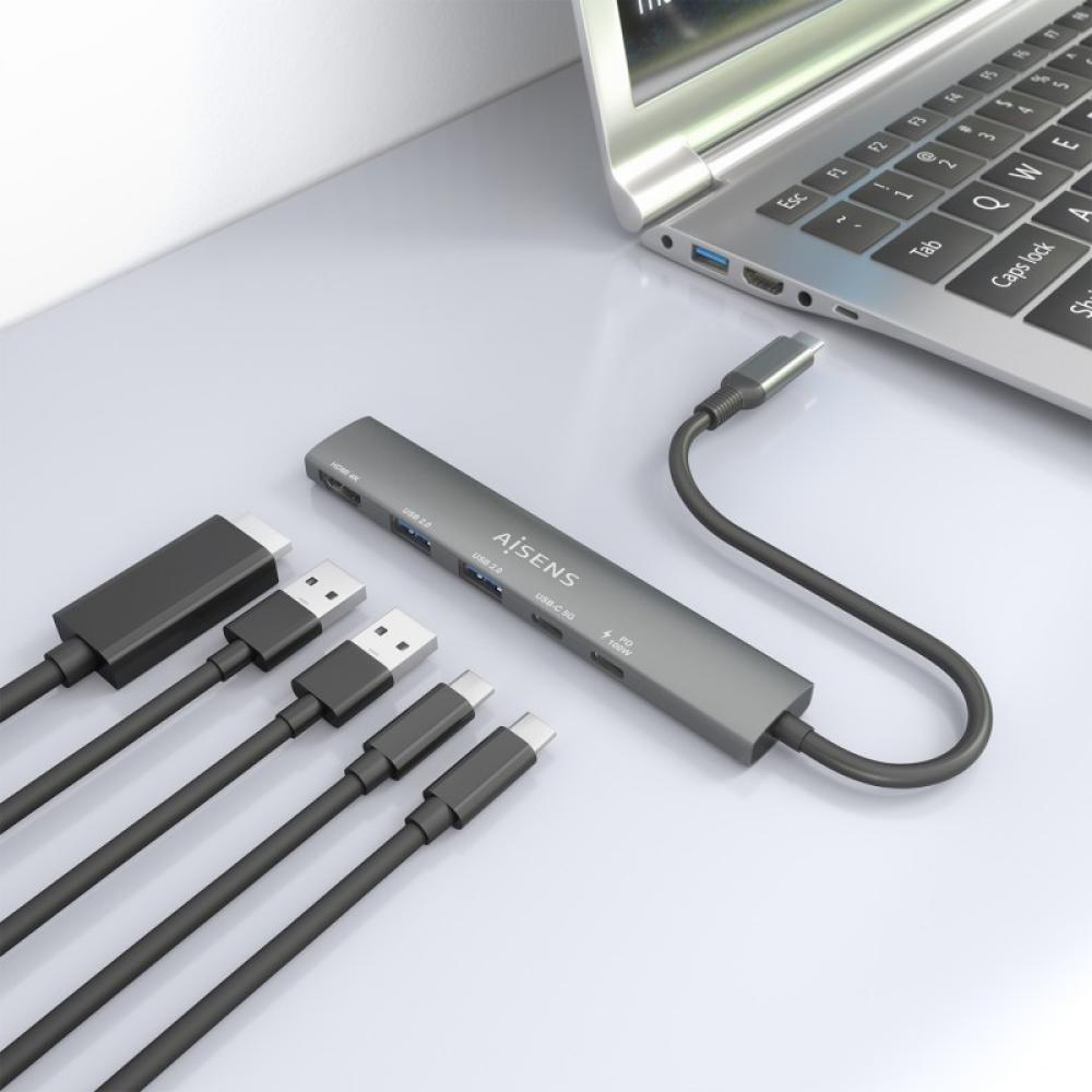 AISENS - USB-C Dock 5 en 1, USB-C A, 1x HDMI 2x USB-A, 1x USB-C, 1x USB-C PD, Gris, 15cm
