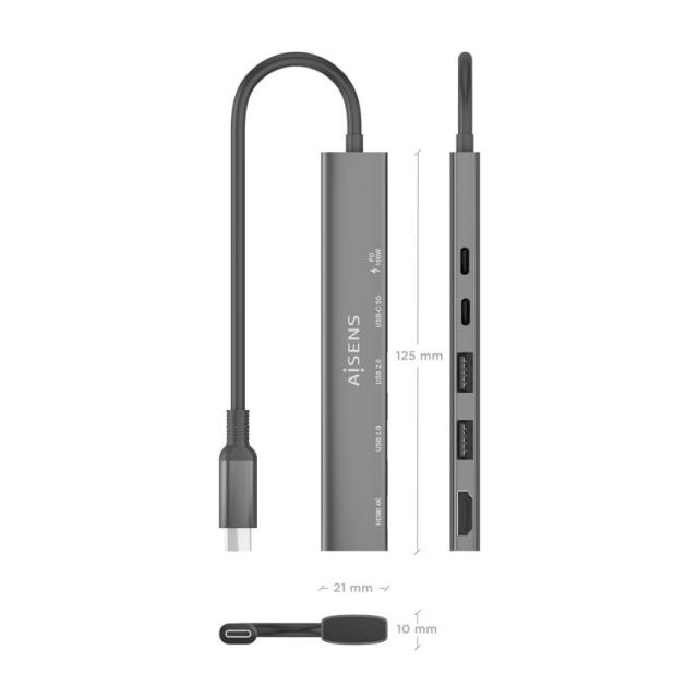 AISENS - USB-C Dock 5 en 1, USB-C A, 1x HDMI 2x USB-A, 1x USB-C, 1x USB-C PD, Gris, 15cm