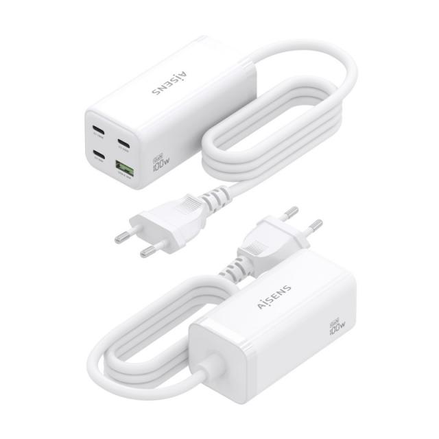 AISENS - Cargador Sobremesa GaN 100W, 3x USB-C PD3.0 QC4.0 QC5.0, 1x USB-A QC3.0, Blanco