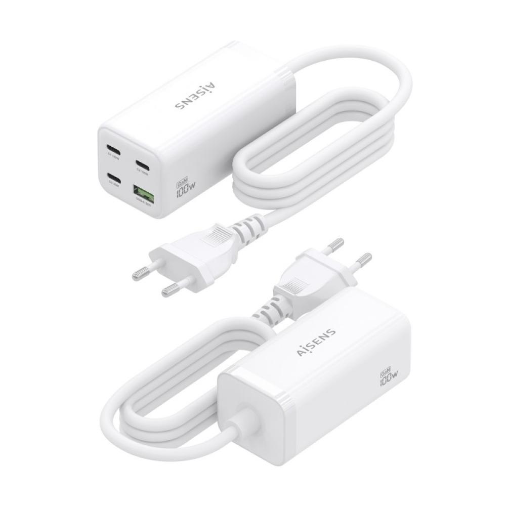 AISENS - Cargador Sobremesa GaN 100W, 3x USB-C PD3.0 QC4.0 QC5.0, 1x USB-A QC3.0, Blanco