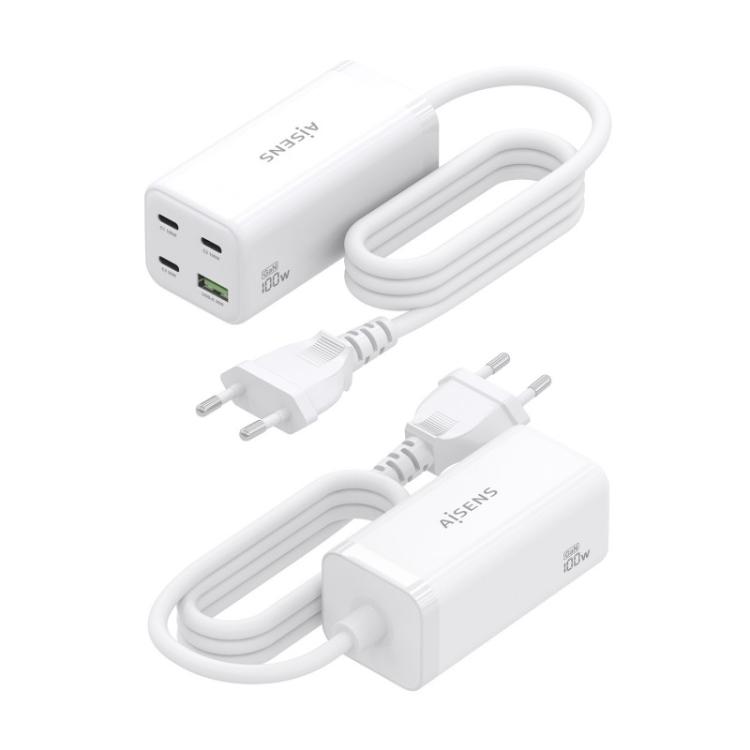 AISENS - Cargador Sobremesa GaN 100W, 3x USB-C PD3.0 QC4.0 QC5.0, 1x USB-A QC3.0, Blanco