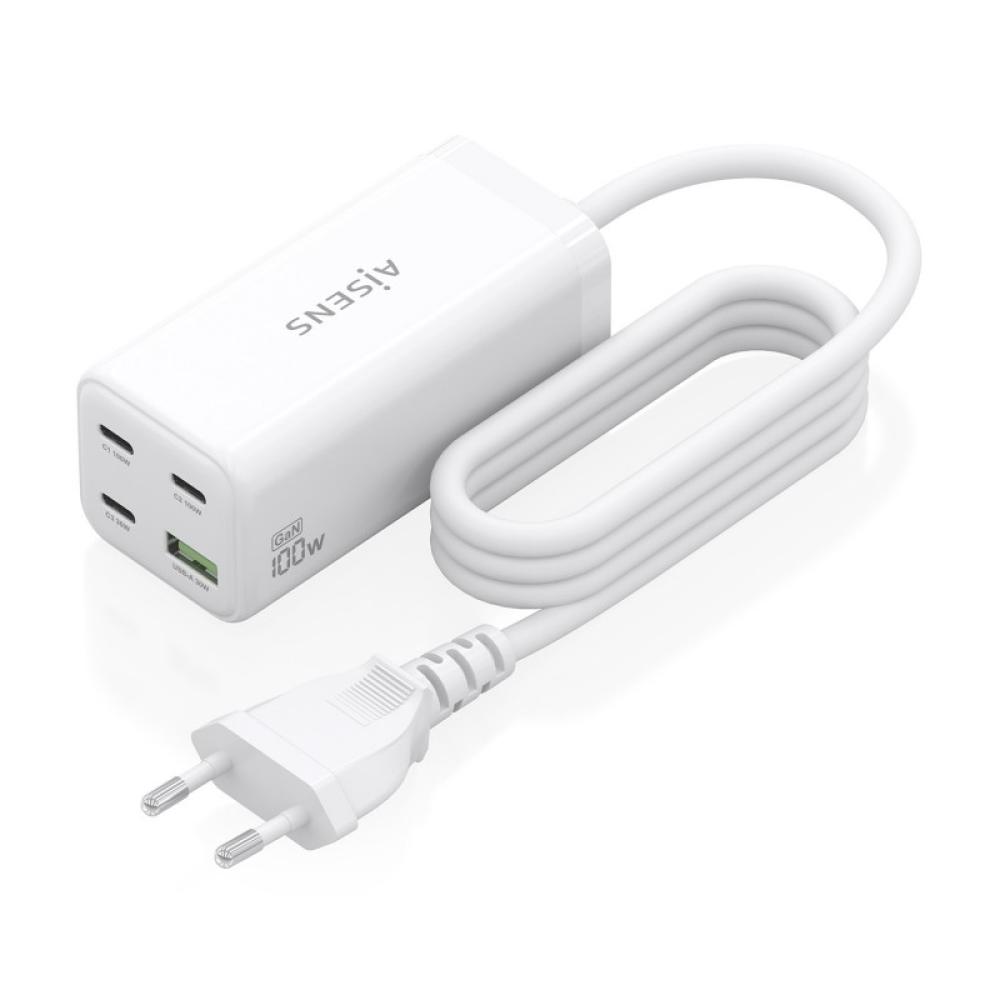 AISENS - Cargador Sobremesa GaN 100W, 3x USB-C PD3.0 QC4.0 QC5.0, 1x USB-A QC3.0, Blanco