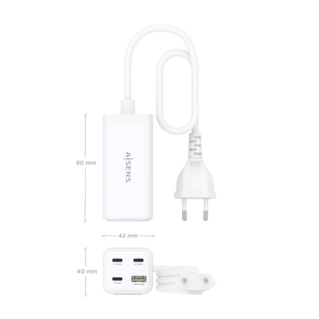AISENS - Cargador Sobremesa GaN 100W, 3x USB-C PD3.0 QC4.0 QC5.0, 1x USB-A QC3.0, Blanco