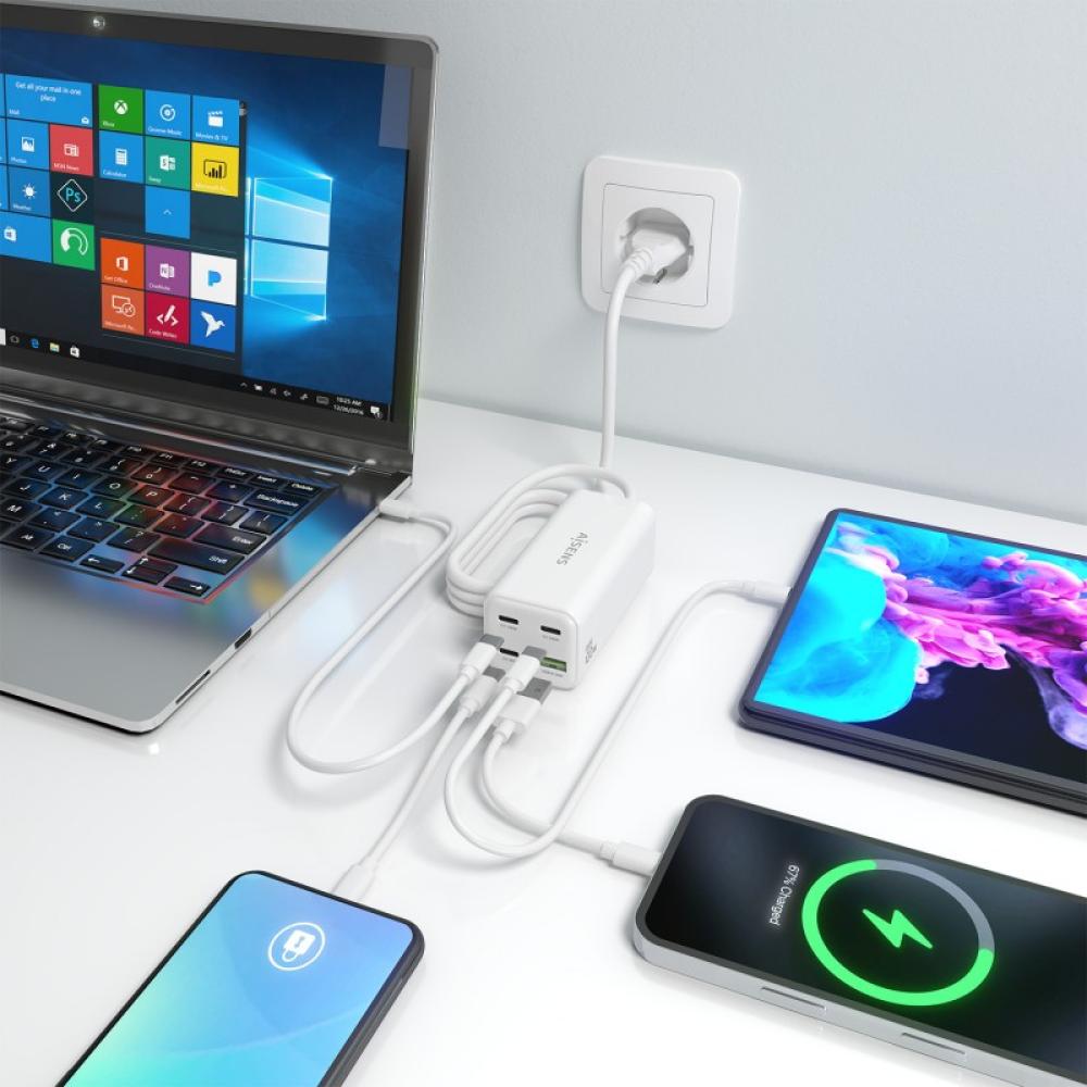 AISENS - Cargador Sobremesa GaN 100W, 3x USB-C PD3.0 QC4.0 QC5.0, 1x USB-A QC3.0, Blanco