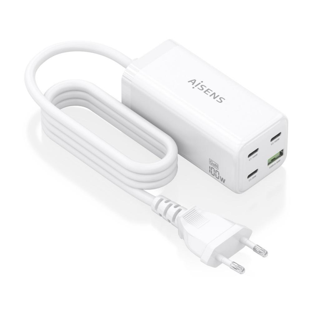 AISENS - Cargador Sobremesa GaN 100W, 3x USB-C PD3.0 QC4.0 QC5.0, 1x USB-A QC3.0, Blanco