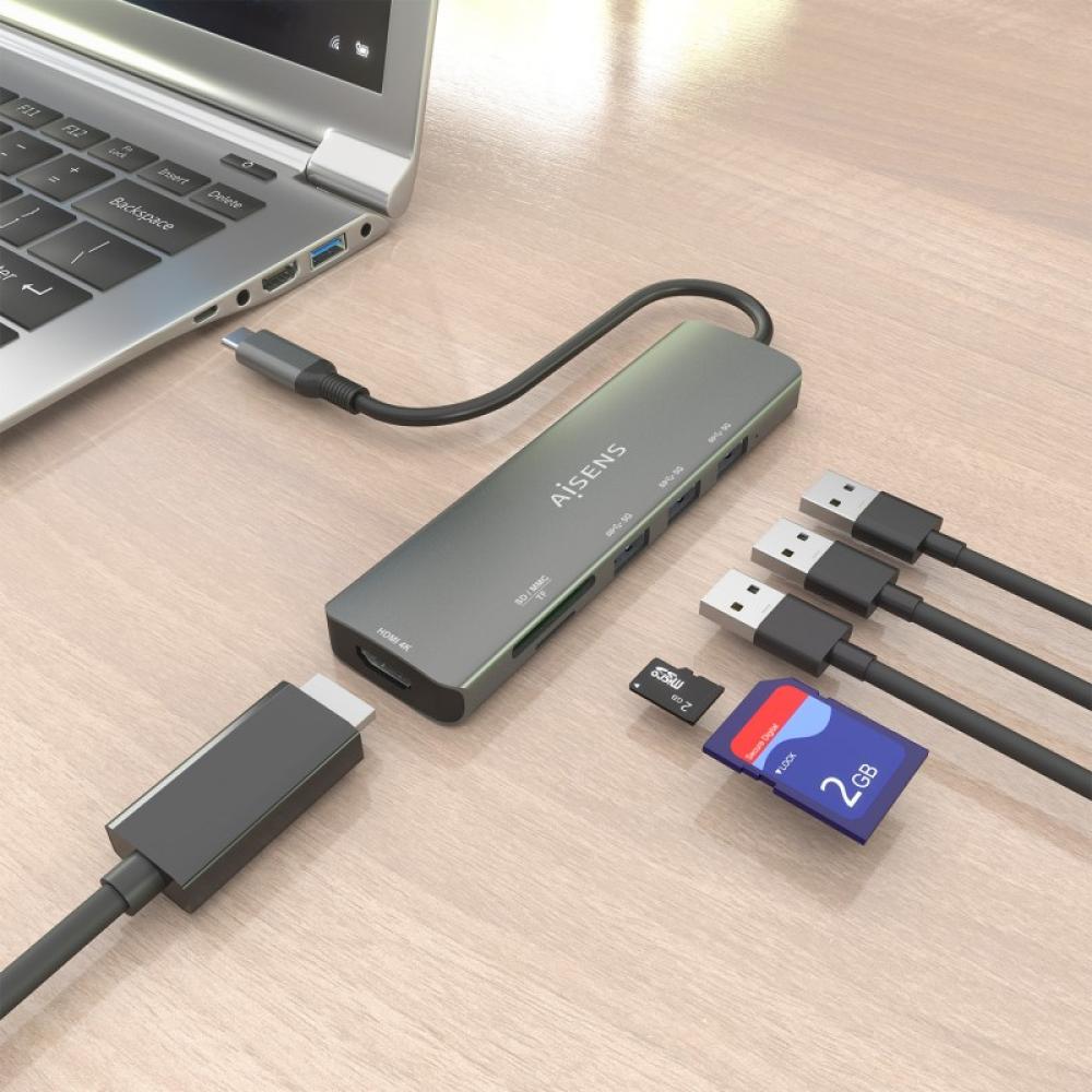 AISENS - USB-C Dock 6 en 1, USB-C A, 1x HDMI, 3x USB-A, 1x SD, 1x MicroSD, Gris, 15cm