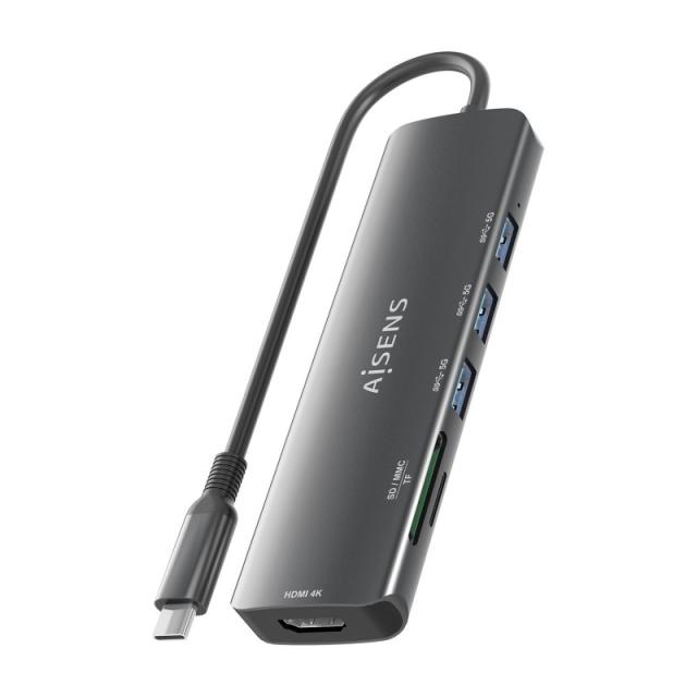 AISENS - USB-C Dock 6 en 1, USB-C A, 1x HDMI, 3x USB-A, 1x SD, 1x MicroSD, Gris, 15cm