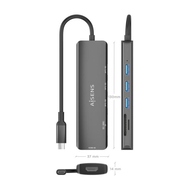 AISENS - USB-C Dock 6 en 1, USB-C A, 1x HDMI, 3x USB-A, 1x SD, 1x MicroSD, Gris, 15cm