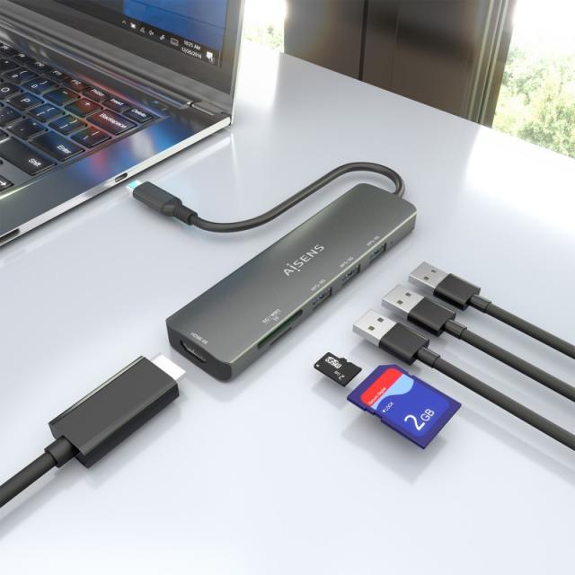 AISENS - USB-C Dock 6 en 1, USB-C A, 1x HDMI, 3x USB-A, 1x SD, 1x MicroSD, Gris, 15cm
