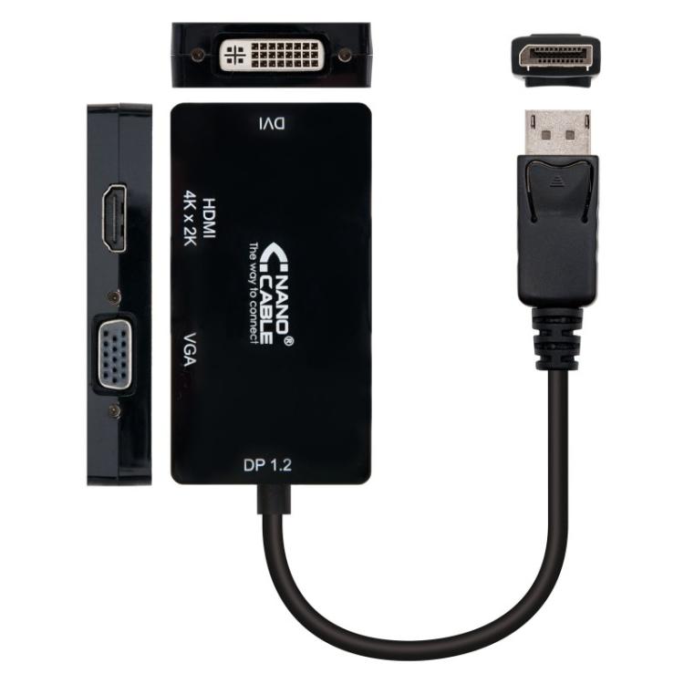 Nanocable - Conversor Displayport a VGA / HDMI, 3 en 1, DP 1.2/M-VGA/H-HDMI/H 4K, Negro, 15 cm