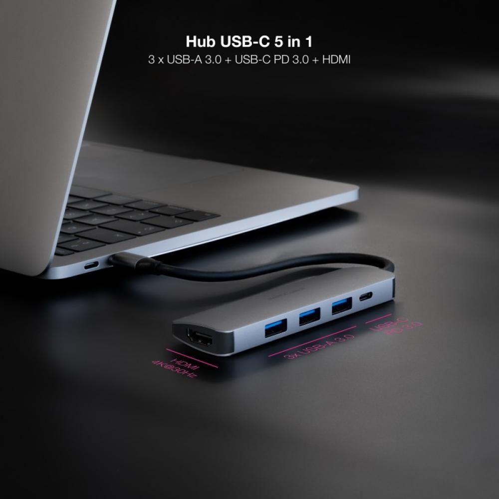 Nanocable - Hub USB-C 5 en 1, Conversor USB-C 3.1 a 3xUSB-A 3.0 + USB-C PD + HDMI, Aluminio, Gris, 18 cm