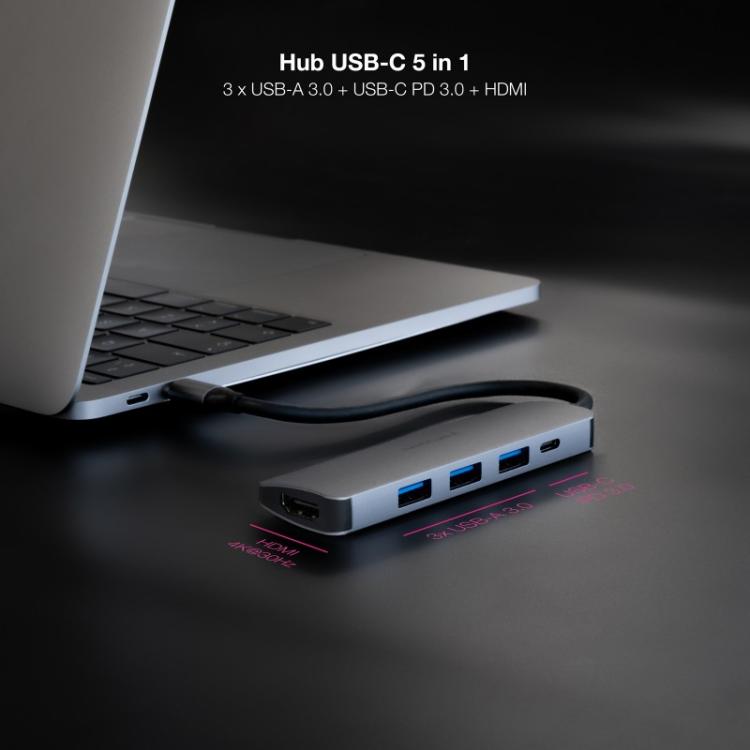 Nanocable - Hub USB-C 5 en 1, Conversor USB-C 3.1 a 3xUSB-A 3.0 + USB-C PD + HDMI, Aluminio, Gris, 18 cm