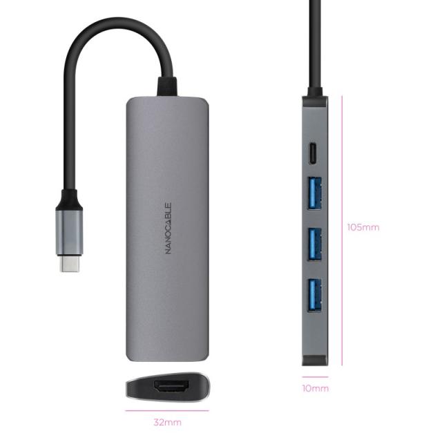 Nanocable - Hub USB-C 5 en 1, Conversor USB-C 3.1 a 3xUSB-A 3.0 + USB-C PD + HDMI, Aluminio, Gris, 18 cm