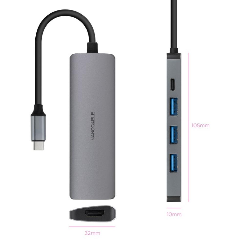 Nanocable - Hub USB-C 5 en 1, Conversor USB-C 3.1 a 3xUSB-A 3.0 + USB-C PD + HDMI, Aluminio, Gris, 18 cm