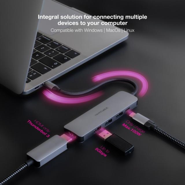 Nanocable - Hub USB-C 5 en 1, Conversor USB-C 3.1 a 3xUSB-A 3.0 + USB-C PD + HDMI, Aluminio, Gris, 18 cm