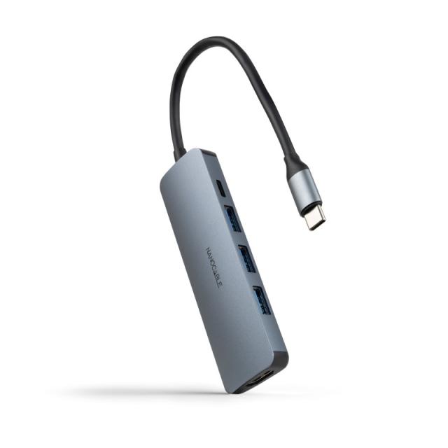Nanocable - Hub USB-C 5 en 1, Conversor USB-C 3.1 a 3xUSB-A 3.0 + USB-C PD + HDMI, Aluminio, Gris, 18 cm
