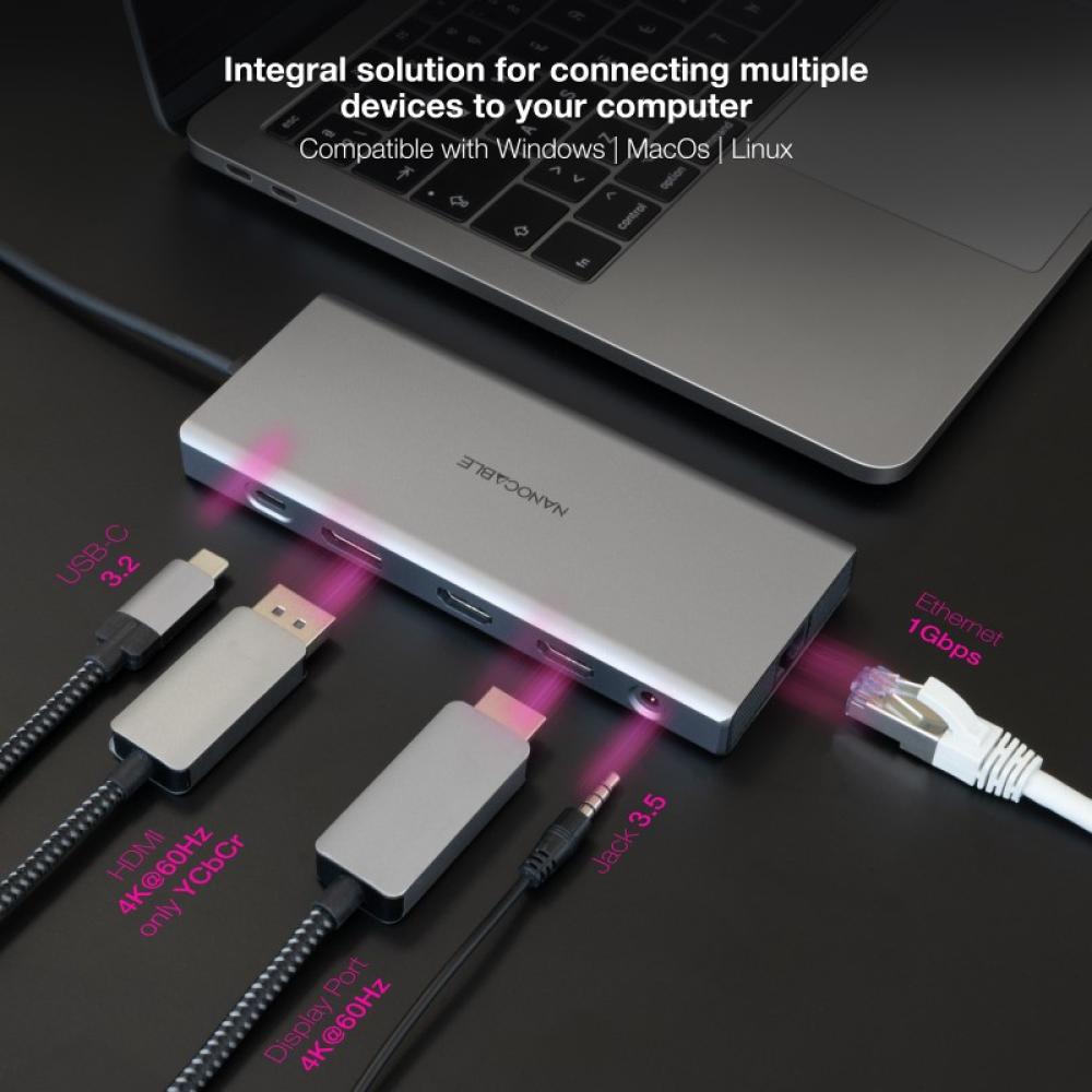 Nanocable - Hub USB-C 12 en 1, Conversor USB-C 3.1 a 3xUSB-A 3.2 + USB-C 3.2 + USB-C PD + 2xHDMI 4K@60Hz + DP 4K@60Hz + RJ45 1Gb