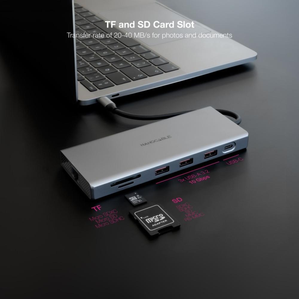 Nanocable - Hub USB-C 12 en 1, Conversor USB-C 3.1 a 3xUSB-A 3.2 + USB-C 3.2 + USB-C PD + 2xHDMI 4K@60Hz + DP 4K@60Hz + RJ45 1Gb