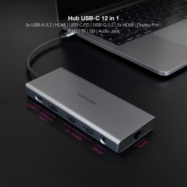 Nanocable - Hub USB-C 12 en 1, Conversor USB-C 3.1 a 3xUSB-A 3.2 + USB-C 3.2 + USB-C PD + 2xHDMI 4K@60Hz + DP 4K@60Hz + RJ45 1Gb
