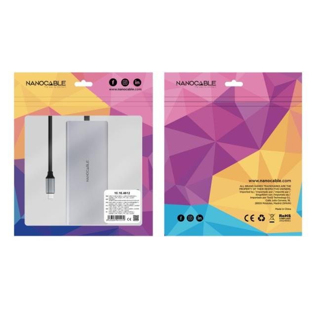 Nanocable - Hub USB-C 12 en 1, Conversor USB-C 3.1 a 3xUSB-A 3.2 + USB-C 3.2 + USB-C PD + 2xHDMI 4K@60Hz + DP 4K@60Hz + RJ45 1Gb