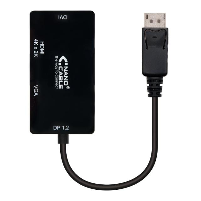 Nanocable - Conversor Displayport a VGA / HDMI, 3 en 1, DP 1.2/M-VGA/H-HDMI/H 4K, Negro, 15 cm