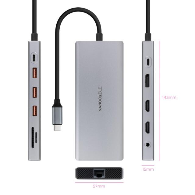 Nanocable - Hub USB-C 12 en 1, Conversor USB-C 3.1 a 3xUSB-A 3.2 + USB-C 3.2 + USB-C PD + 2xHDMI 4K@60Hz + DP 4K@60Hz + RJ45 1Gb