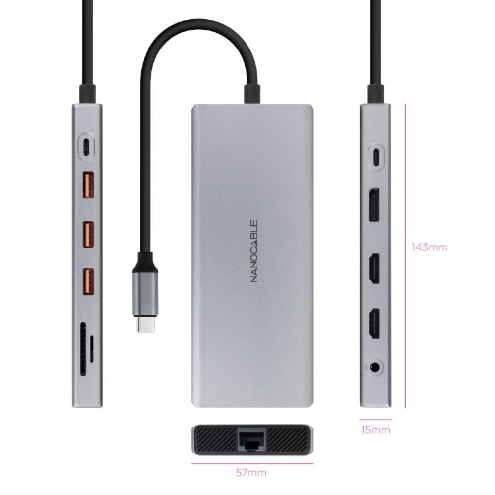 Nanocable - Hub USB-C 12 en 1, Conversor USB-C 3.1 a 3xUSB-A 3.2 + USB-C 3.2 + USB-C PD + 2xHDMI 4K@60Hz + DP 4K@60Hz + RJ45 1Gb