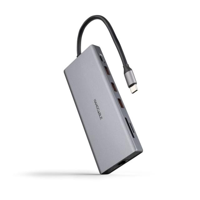 Nanocable - Hub USB-C 12 en 1, Conversor USB-C 3.1 a 3xUSB-A 3.2 + USB-C 3.2 + USB-C PD + 2xHDMI 4K@60Hz + DP 4K@60Hz + RJ45 1Gb