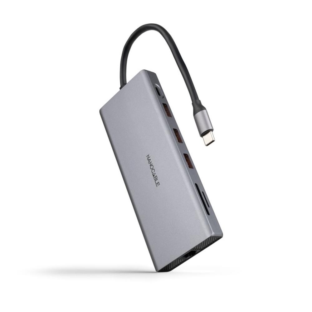 Nanocable - Hub USB-C 12 en 1, Conversor USB-C 3.1 a 3xUSB-A 3.2 + USB-C 3.2 + USB-C PD + 2xHDMI 4K@60Hz + DP 4K@60Hz + RJ45 1Gb