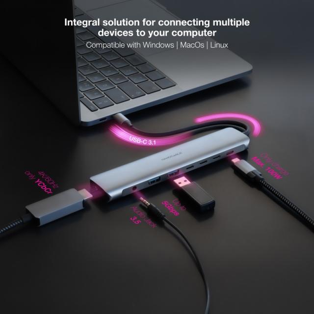 Nanocable - Hub USB-C 8 en 1, Conversor USB-C 3.1 a 2xUSB-A 3.0 + 3xUSB-C 3.0 + USB-C PD + HDMI 4K@60Hz + Audio Jack 3.5, Alumin