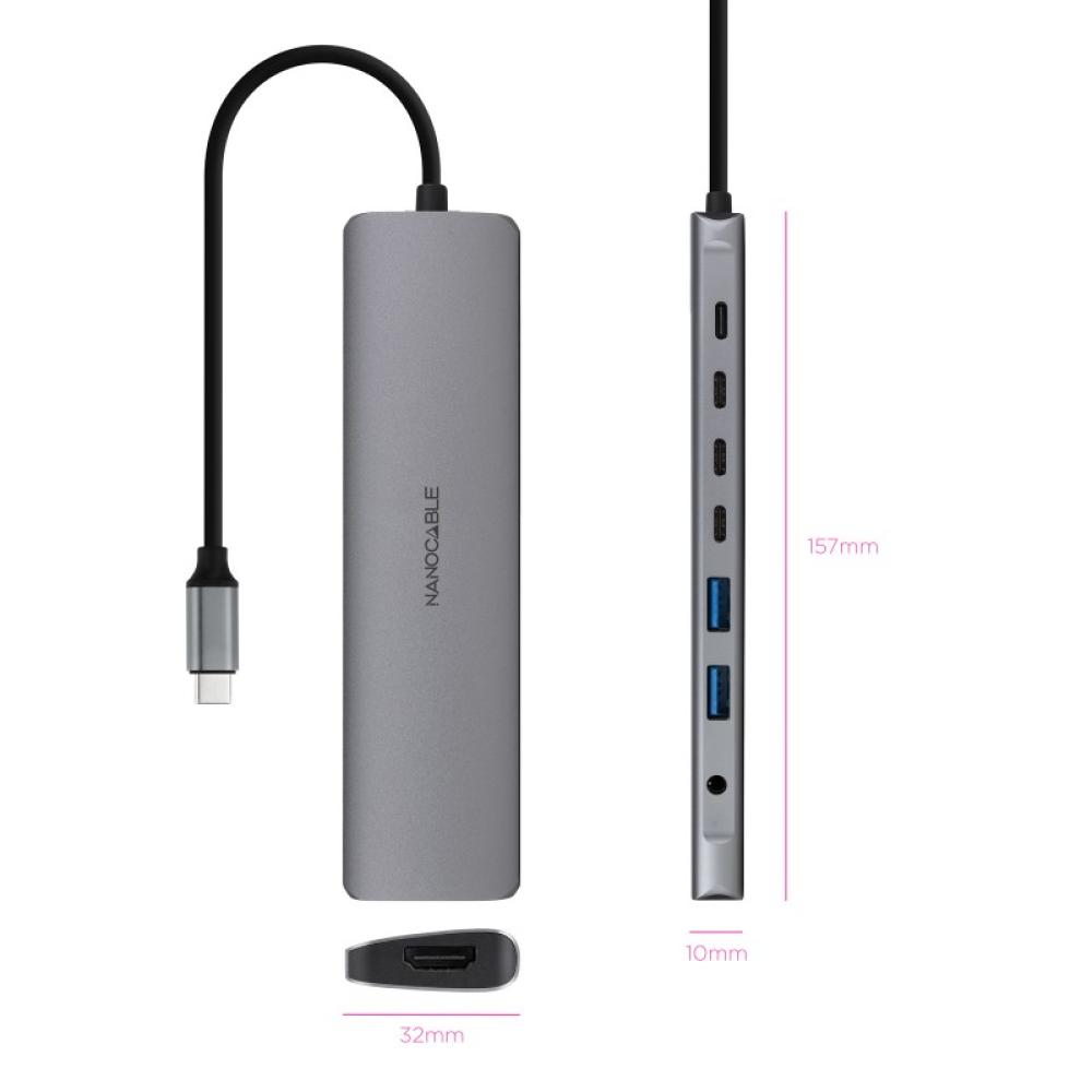 Nanocable - Hub USB-C 8 en 1, Conversor USB-C 3.1 a 2xUSB-A 3.0 + 3xUSB-C 3.0 + USB-C PD + HDMI 4K@60Hz + Audio Jack 3.5, Alumin