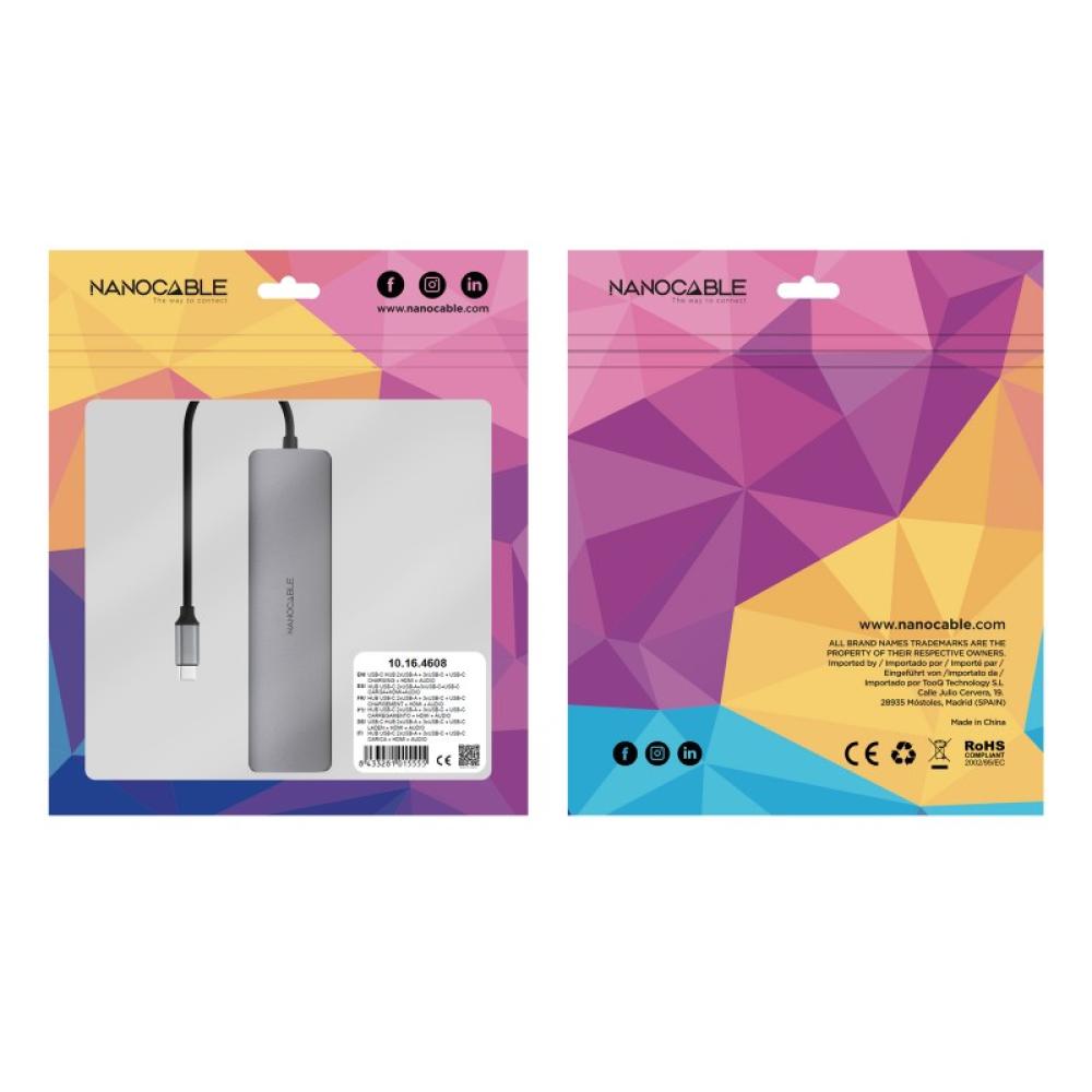 Nanocable - Hub USB-C 8 en 1, Conversor USB-C 3.1 a 2xUSB-A 3.0 + 3xUSB-C 3.0 + USB-C PD + HDMI 4K@60Hz + Audio Jack 3.5, Alumin
