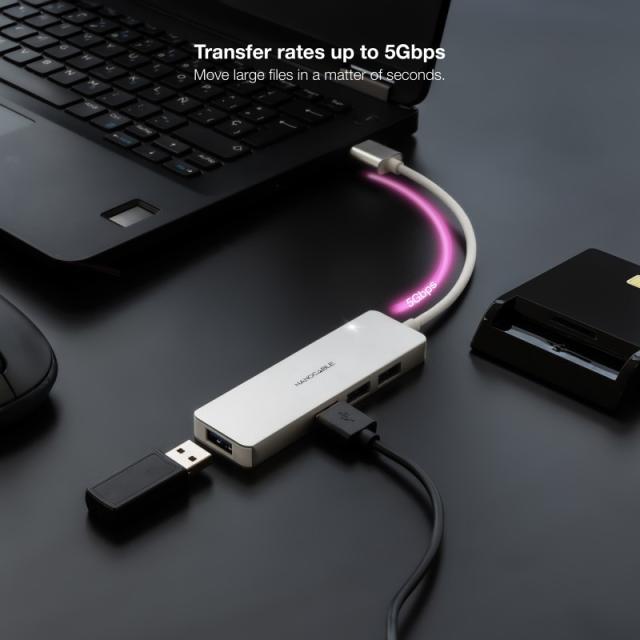 Nanocable - Hub USB-A 3.0. a 4xUSB3.0, USB-A/M-USB 3.0/H, Aluminio, Color Plata, 18 cm