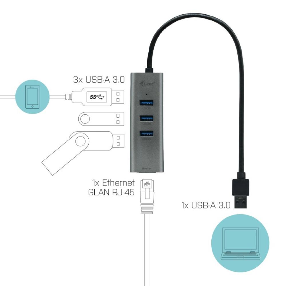 i-tec - Metal USB 3.0 HUB 3 Port + Gigabit Ethernet Adapter